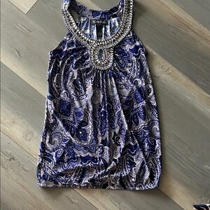 INC International Concepts Navy and White Beaded Paisley Blouse